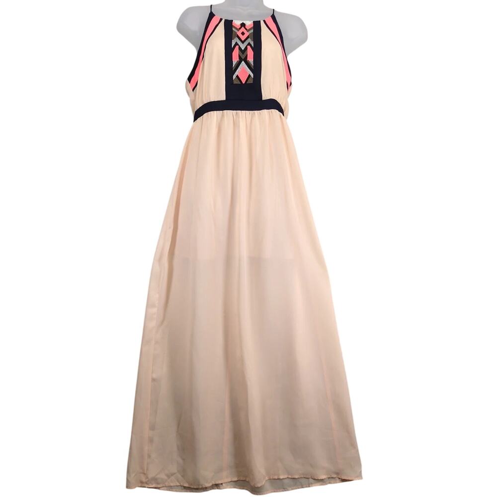 Lulumari Embroidered Peach Chiffon Halter Strap Maxi Dress Sz M Boho Chic Resort